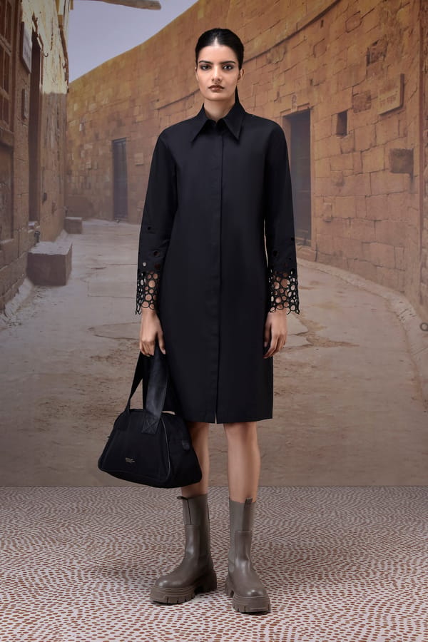 Black Poplin Midi Shirt Dress with Cutwork Sleeves — Genes Lecoanet Hemant