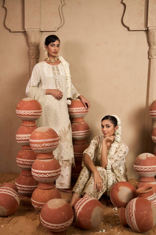 Ivory Mirror Work Kaftan and Pant Co-ord Set — TASUVURE