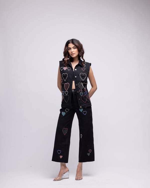 Black High-Rise Wide-Leg Jeans with Embellished Hearts — MAGIA