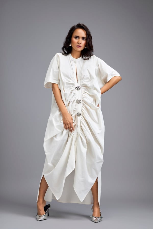 White Draped Kaftan Sleeve Dress With Gold Button — Deepika Arora