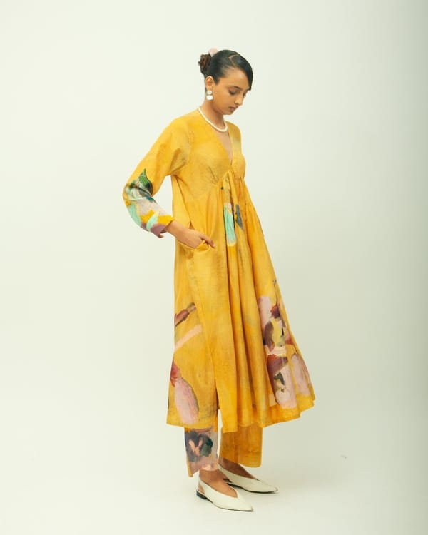 Mustard Abstract Print Tiered Midi Dress — Ofrida