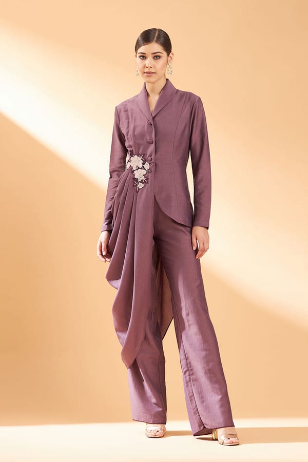 Purple Cowl Drape Blazer Tunic and Pant Co-ord Set — Aakaar