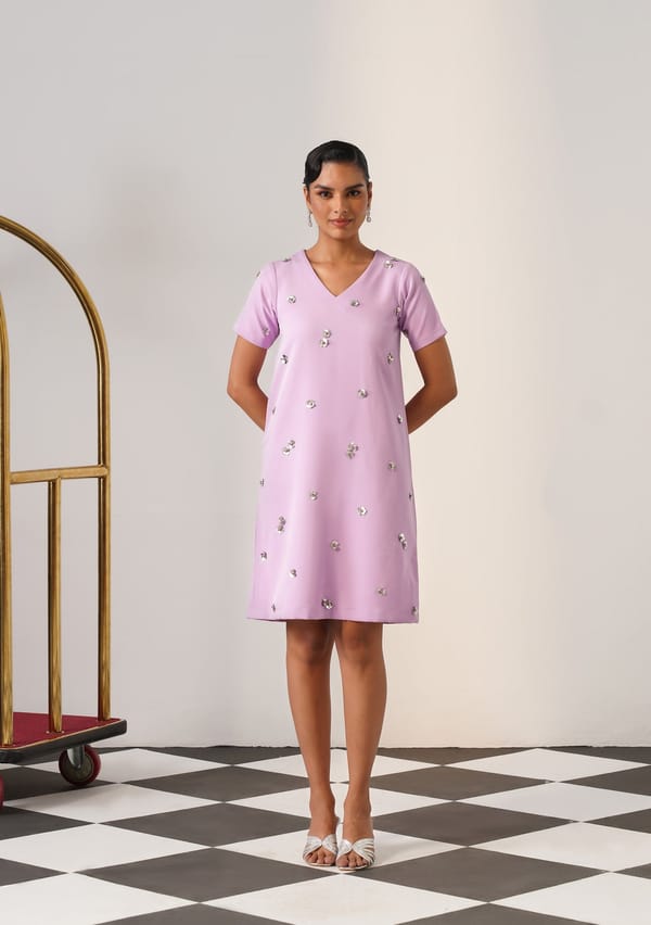 Lilac V-Neck Knee-Length Shift Dress with 3D Florals — AMOSHI