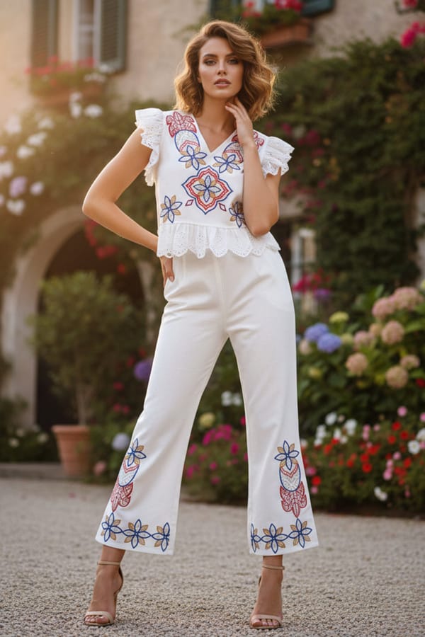 White Embroidered Co-ord Set with V-Neck Top — BOHO-CHIC
