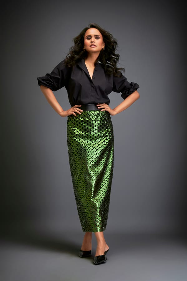 Metallic Skirt With Geometric Cutout Detailing — Deepika Arora