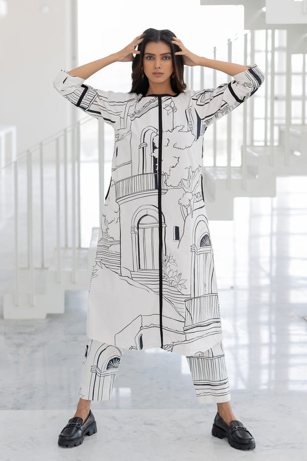 White Monochrome Printed Cotton Poplin Kurta Set — Silai studio