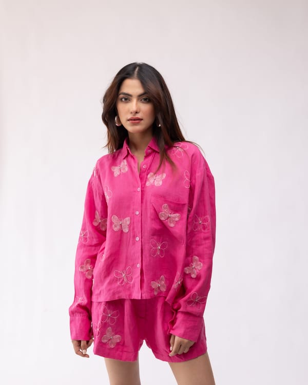 Bright Pink Linen Embroidered Button-Down Shirt — MAGIA