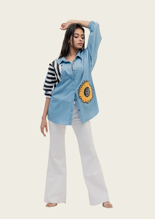Blue Cotton Denim Shirt with Embroidery — Richa Goenka