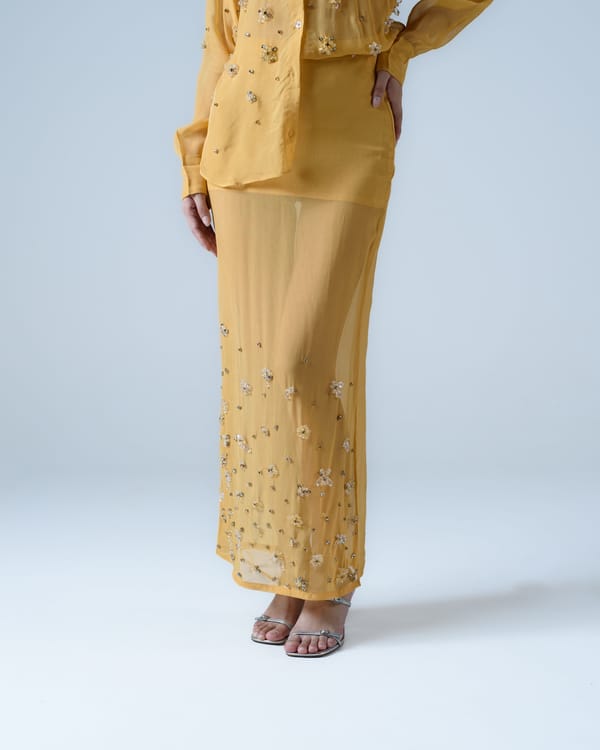 Yellow Hand-Embellished Organza Maxi Skirt — MAGIA