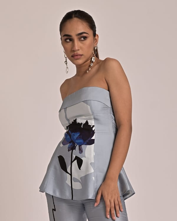 Blue Floral Printed Modal Satin Peplum Tube Top — Missy Co.