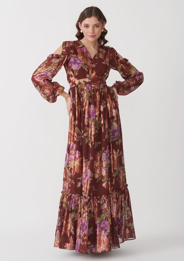 Multicolor Metallic Floral Tiered Maxi Dress with Belt — AMOSHI