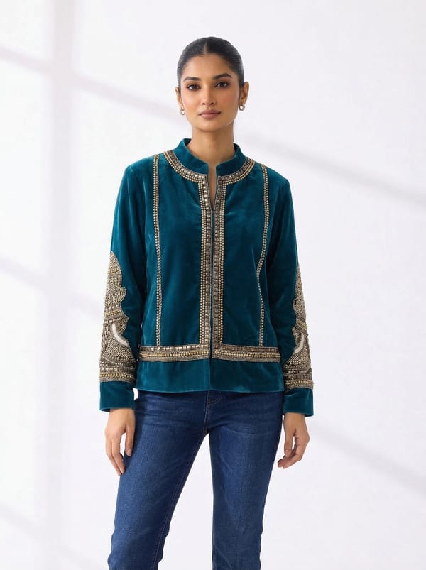 Teal Velvet Embroidered Mandarin Collar Jacket — RUCHIKA MALLIKA LABEL