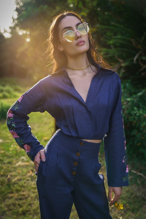 Navy Blue Cropped Linen Shirt with Embroidered Sleeves — HEADSTRONG