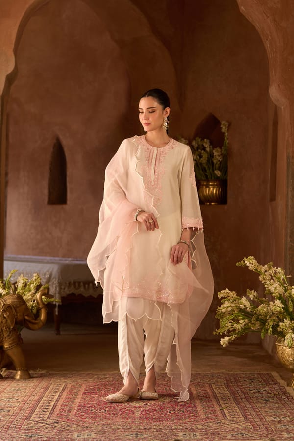 Ivory and Pink Embroidered Straight Kurta Set with Dhoti — Sheetal Batra