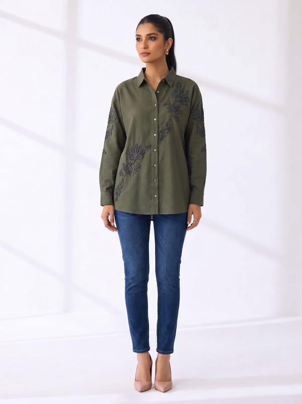 Green Cotton Embroidered Button-Down Shirt — THE LUXURY DRESSING