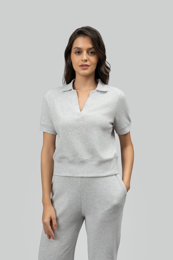 Grey Ottoman Rib Cropped Polo Top — Necesera