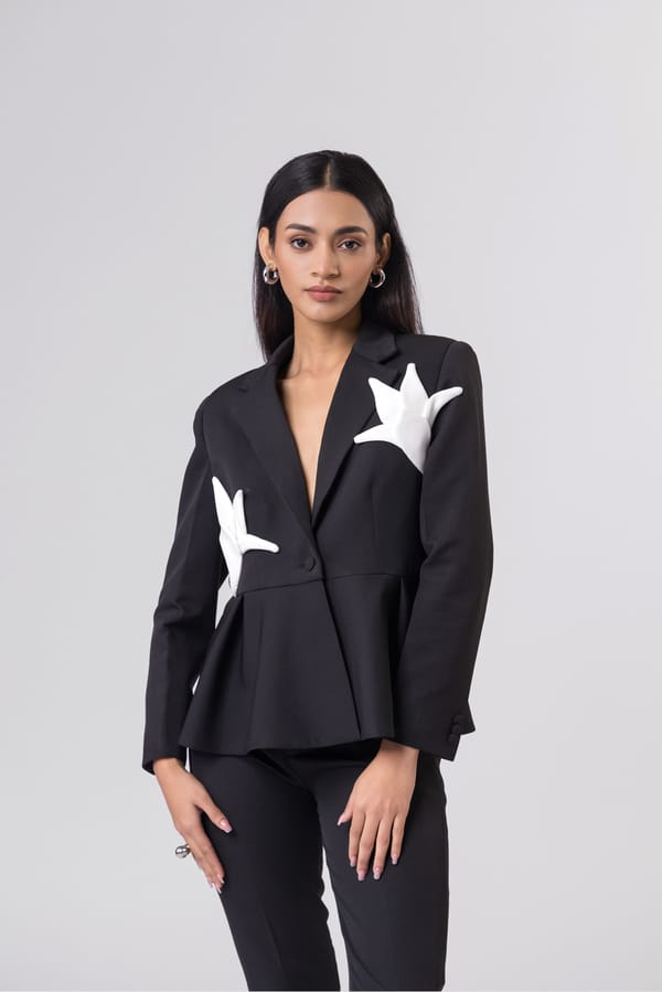 Black Crepe Peplum Blazer with 3D Floral Applique — Studio MuGu