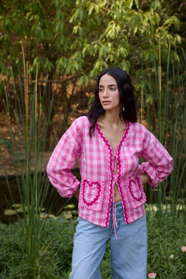 Pink Checked Seersucker Tie-Up Shirt Top — The clothing factory