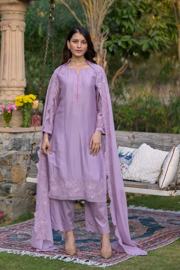 Lavender Organza Scallop Thread Hand Work Set — MAHEE JAIPUR