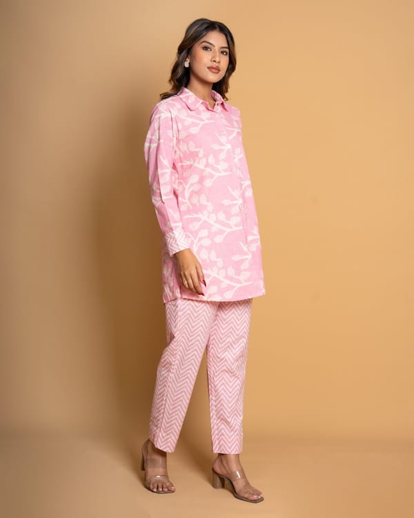 Soft Rose Digital Print Pink Cotton Linen Co-ord Set (Set of 2) — Kameez