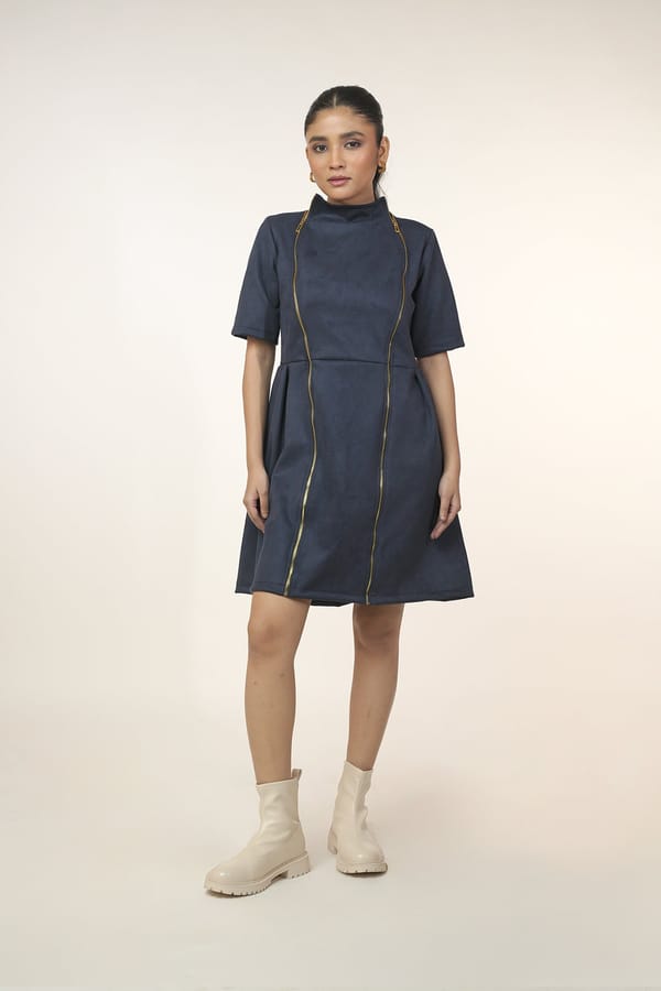 Navy Suede Double-Zip Mini Dress — 9899