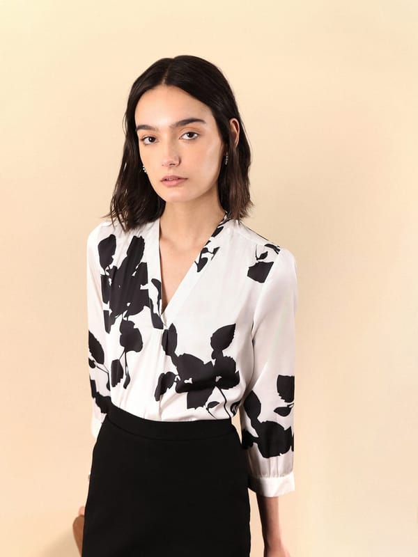 White Satin V-Neck Floral Print Top with 3/4 Sleeves — Fable Street