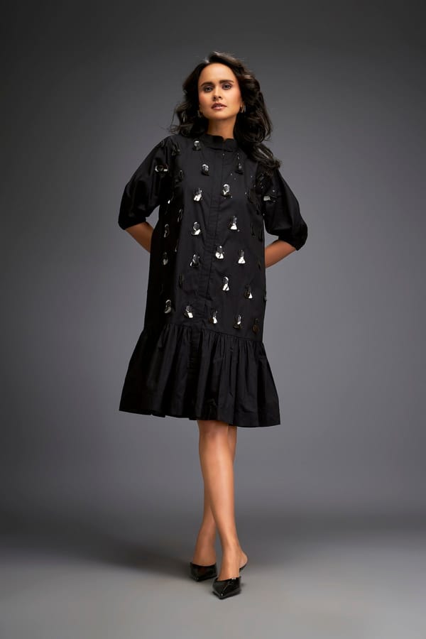 Dress With Puff Sleeves And Glossy Metallic Discs And A Ruffled Hemline — Deepika Arora