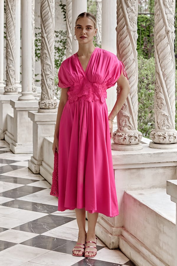 Cosmos Pink Fit and Flare Midi Dress with Floral Waist — BOHO-CHIC
