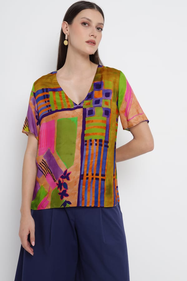 Multicolor Abstract Printed V-Neck Viscose Top — ELENA MIRO