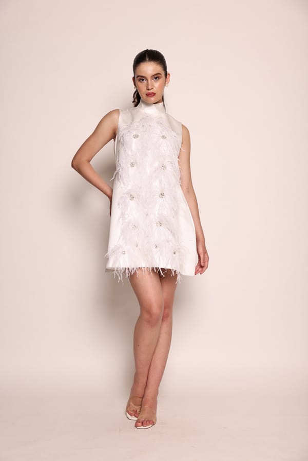White Mikado Satin Turtleneck Mini Dress with Feather Flowers — RIBELLE