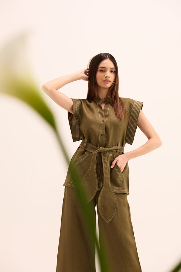 Olive Green Linen Belted Co-ord Set with Wide-Leg Pants — Prink Tonic