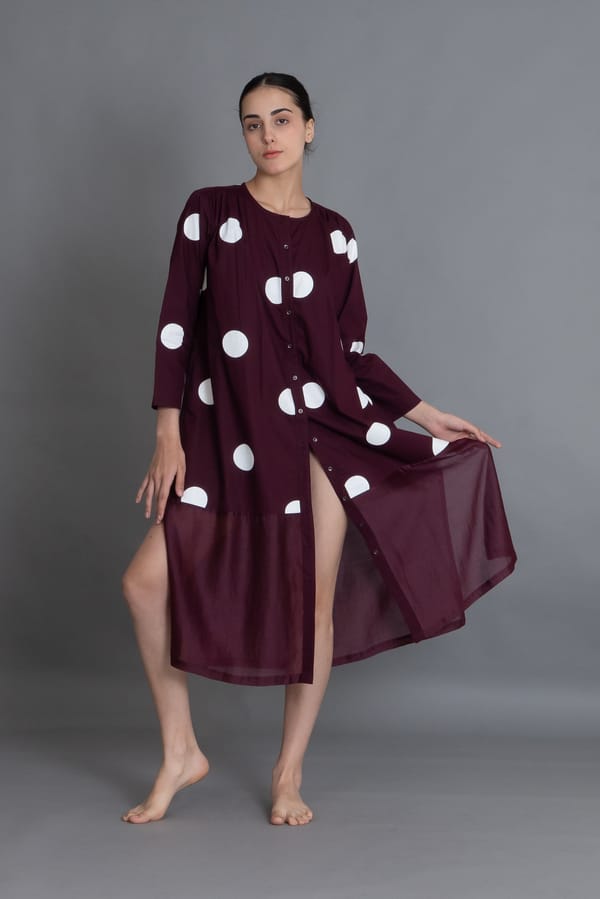 Maroon Polka Chanderi Gathered Dress — Khat