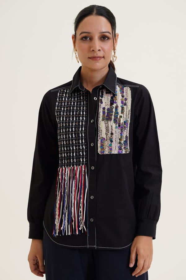 Black Fringe Detail Embellished Button-Down Shirt — STITCH STORIES