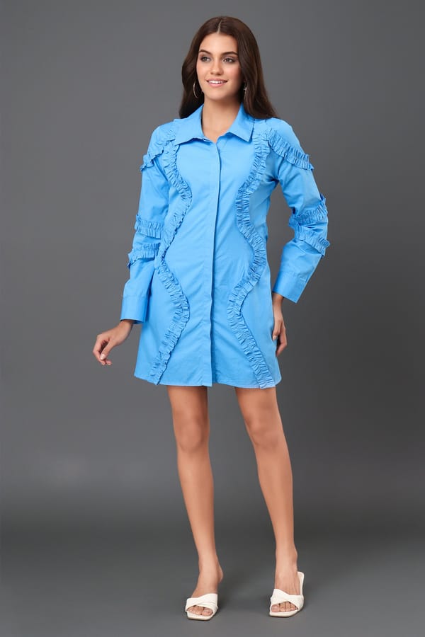 Blue Poplin Mini Shirt Dress with Statement Ruffles — Younglings
