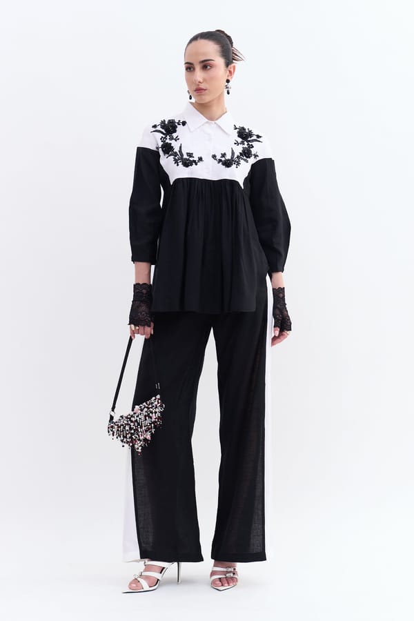 Black and White Cotton Linen Embroidered Yoke Shirt — Our Love