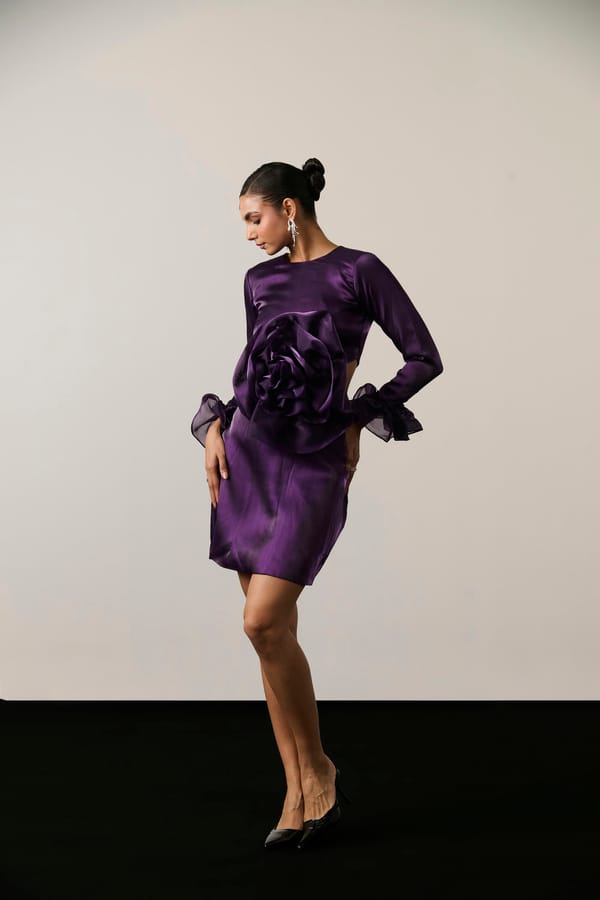 Purple Organza Mini Dress with 3D Flower and Waist Cut-Out — Label IRIS