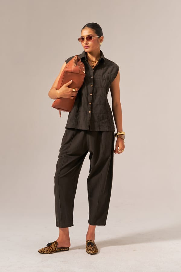 Dark Brown Sleeveless Shirt and Tapered Pants Co-ord Set — Spacelines