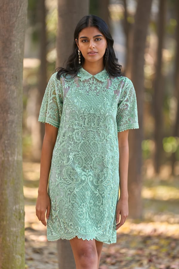 Mint Embroidered Organza Mini Shirt Dress with Slip — Dash and Dot