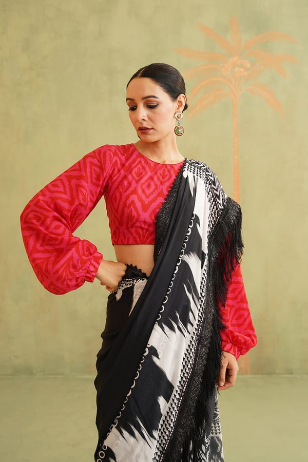 Black and White Pre-Draped Printed Saree with Fringe Border — NEETIKA CHOPRA