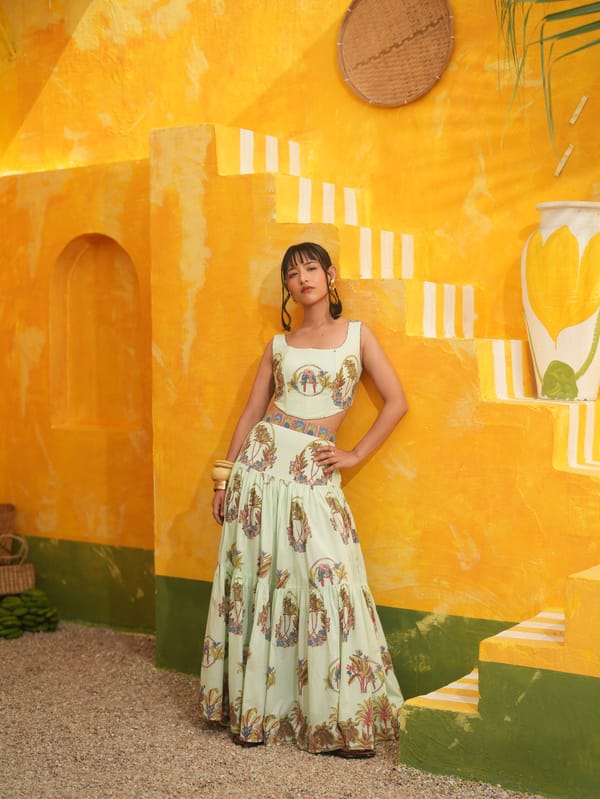 Cool Mint Tropical Corset Top and Tiered Maxi Skirt Set — TASHA INDIA