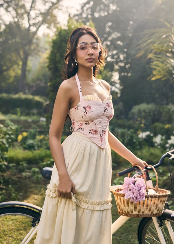Pink Floral Halter Neck Corset Top with Back Tie-Up — Lea Clothing