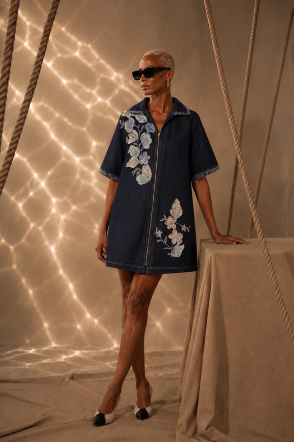 Blanca Floral Embroidered Denim Dress — AKSH
