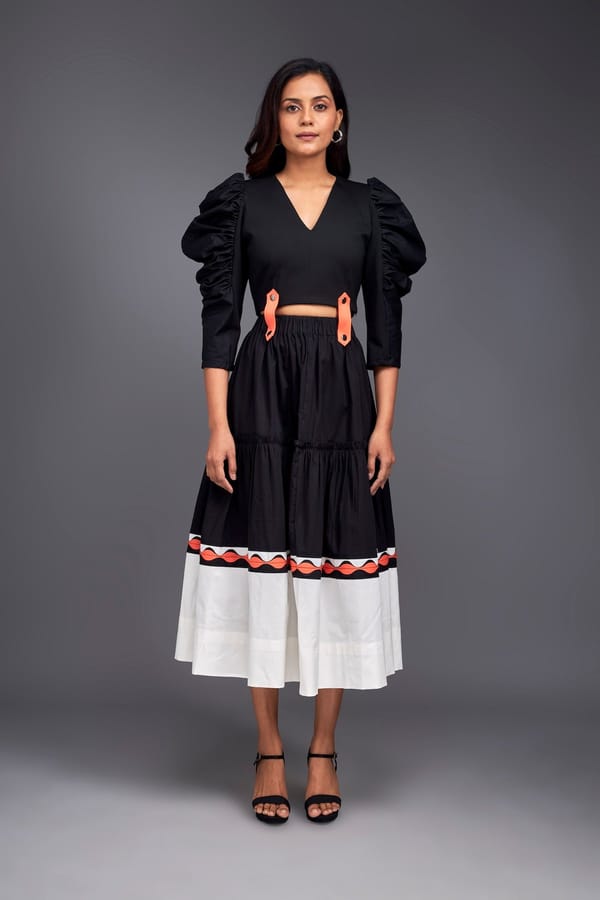 Colour Block Flared Bottom Skirt & Top With Neon Elements — Deepika Arora