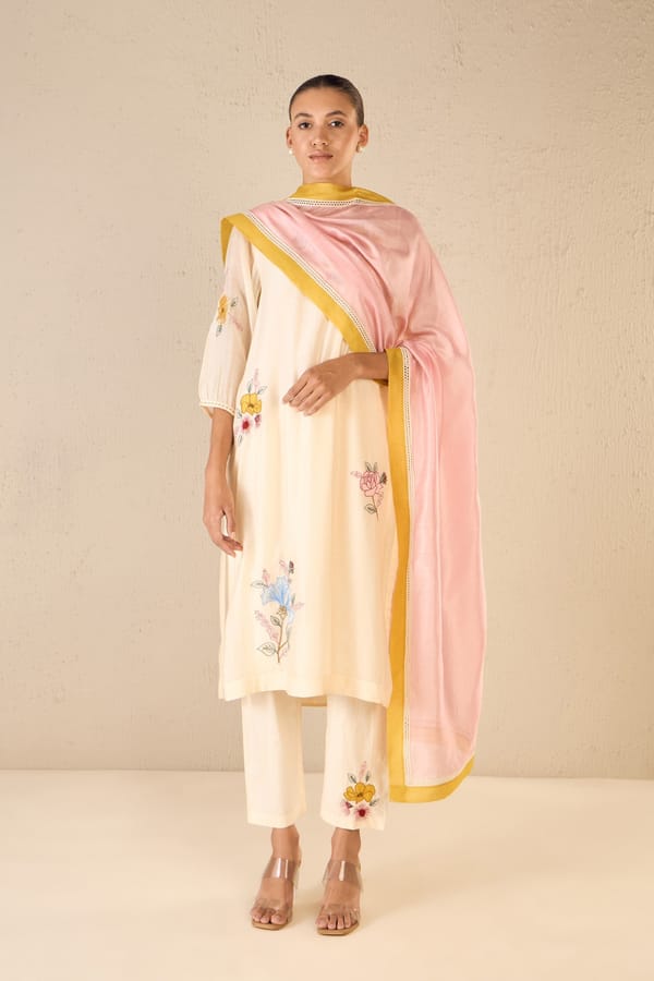 Floral Mosiac: Pink & Mustard Color Block Dupatta With Lace Detailing — SHIVANI BHARGAVA