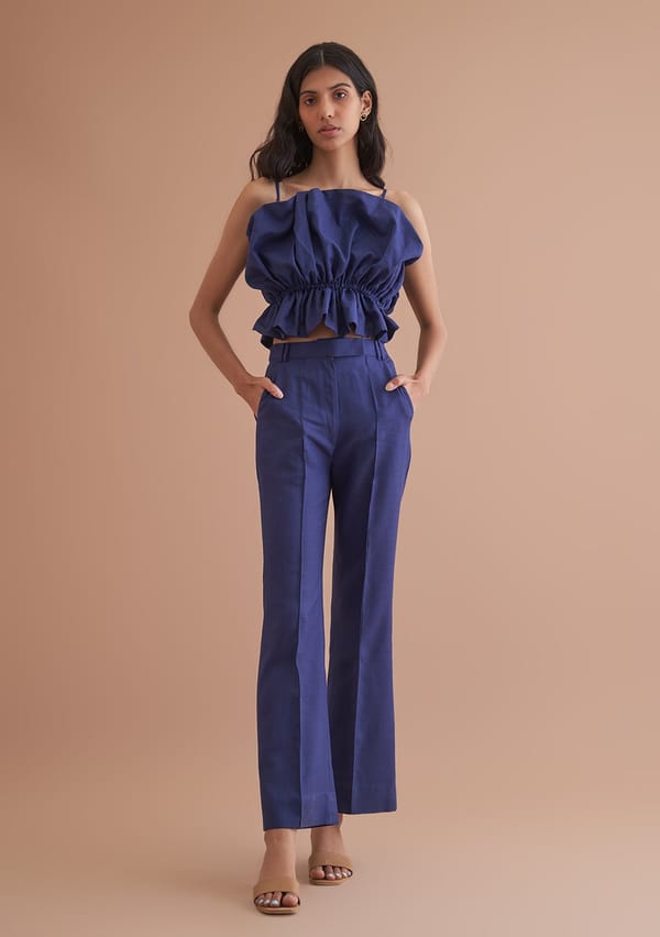 Navy High-Rise Relaxed Bootcut Trousers — AMOSHI