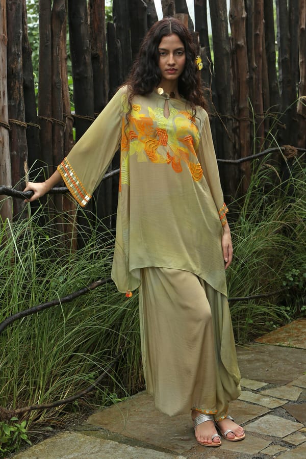 Yellow Crepe Embroidered Co-ord Set with Wide-Leg Pants — Basil Leaf