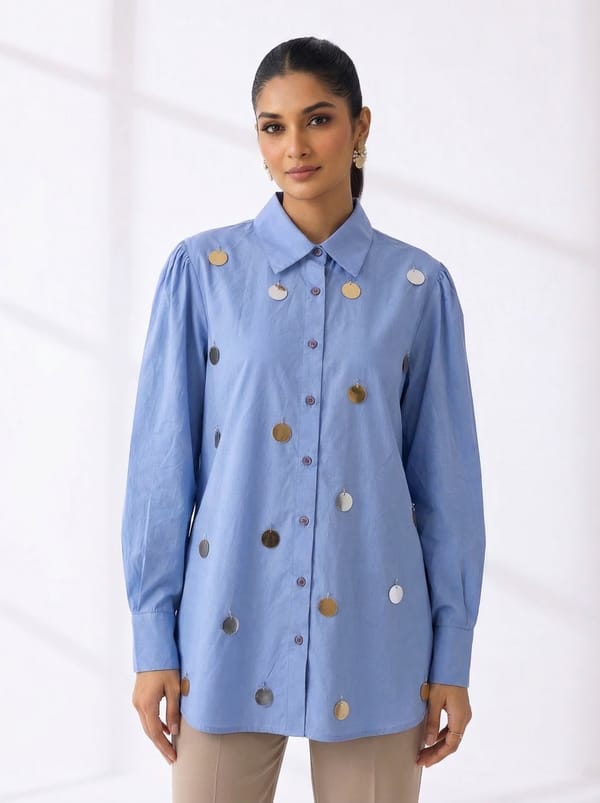 Periwinkle Embellished Longline Cotton Shirt — KIHIKI