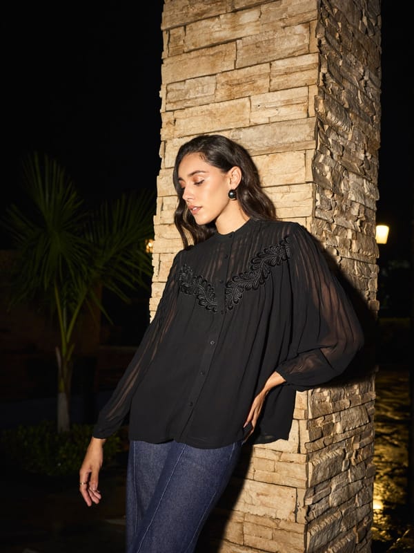 Black Viscose Button-Down Shirt with Yoke Applique — Style Island