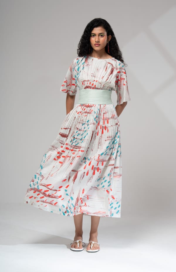 Multicolor Abstract Print Cotton Satin Fit and Flare Midi Dress — ADVAIT