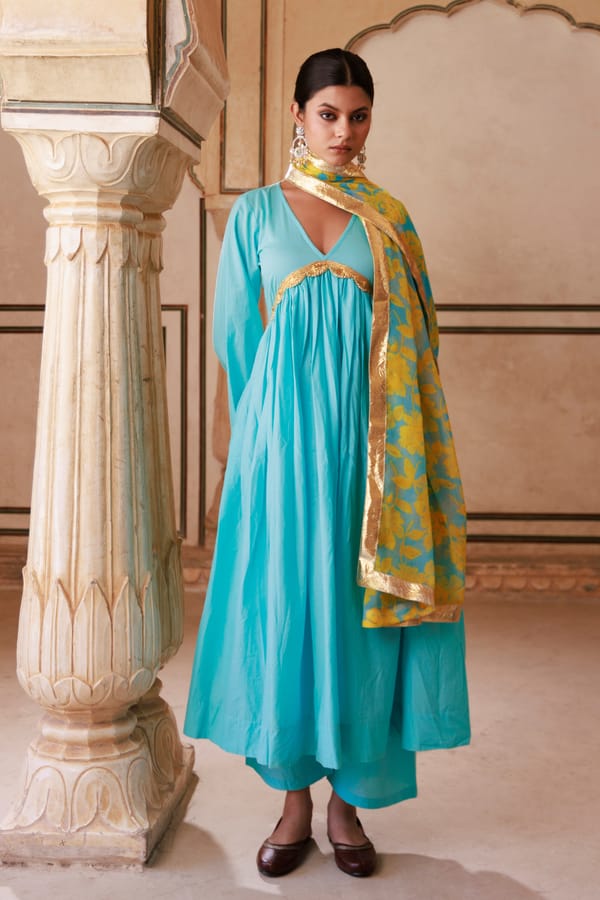 Blue Cotton Anarkali Set With Chiffon Dupatta — Bannhi by Priyanka Rathore